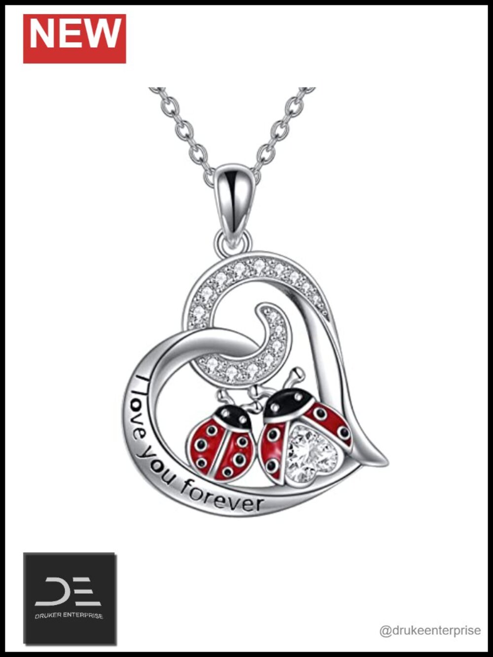 Heart Pendant Necklace with Ladybug Cute Animal Sterling Silver Jewelry Gift
